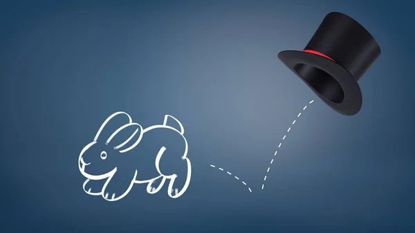 3d representación de un conejo dibujado tiza salta de un sombrero de magos dejando una línea punteada como su rastro sobre un fondo azul . —  Fotos de Stock
