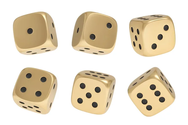 Representación 3d de un conjunto compuesto por nueve dados de juego de oro en diferentes lados y ángulos sobre un fondo blanco . —  Fotos de Stock