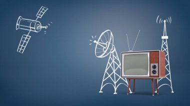 bir tebeşir çizilmiş uzay uydu ve uydu towers yakınındaki ayak üzerinde büyük retro televizyon 3D render.