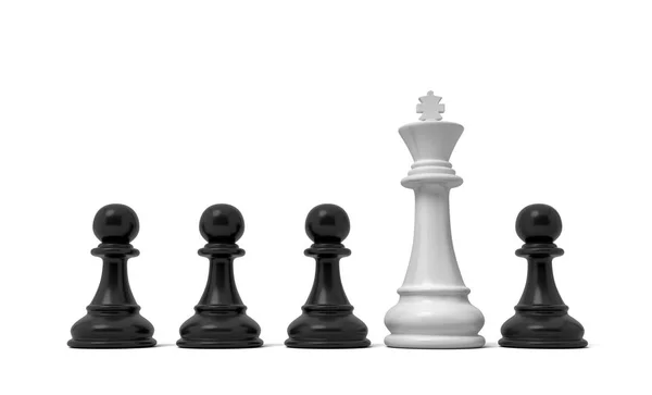 3d renderização de uma linha de peças de peão preto com uma única figura rei branco saindo entre eles . — Fotografia de Stock