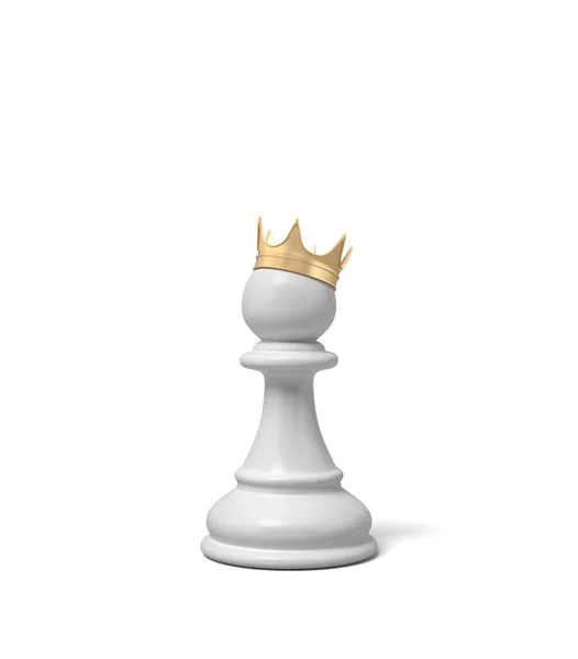 3d representación de una pieza de peón de ajedrez blanco con una corona de oro sentado en la parte superior de ella . —  Fotos de Stock