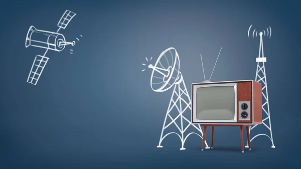 3d rendering of a chalk drawn space satellite and satellite towers near a large retro TV set on legs.