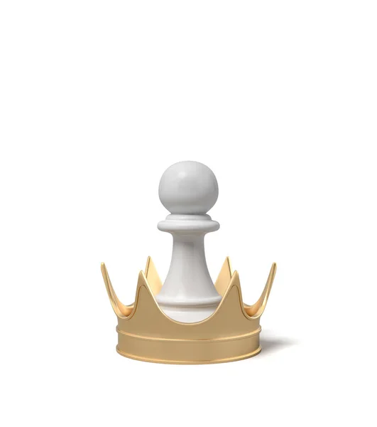 Τρισδιάστατη απεικόνιση του ένα άσπρο σκακιού Πιόνι στέκεται μέσα ένα γιγαντιαίο χρυσό στέμμα σε λευκό φόντο. — Φωτογραφία Αρχείου