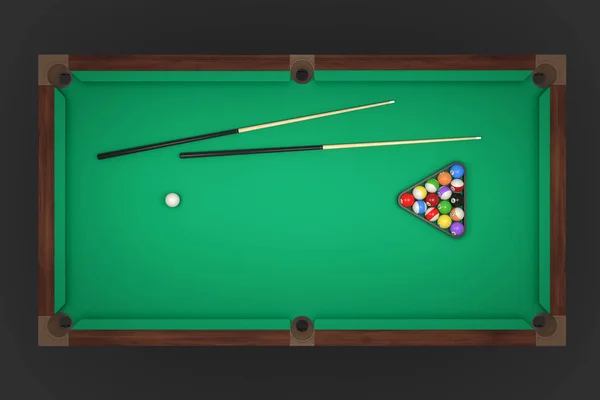 3d rendering of a billiards table with two cue sticks and a rack with balls in top view.