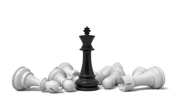 3d representación de un solo rey de ajedrez negro se encuentra entre muchas piezas de ajedrez blanco caído . —  Fotos de Stock