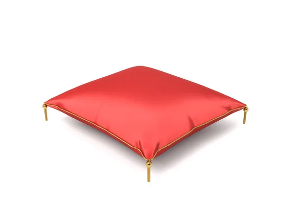 3D-weergave van een rode zijde Koninklijke kussen met gouden tussels geïsoleerd op een witte achtergrond. — Stockfoto