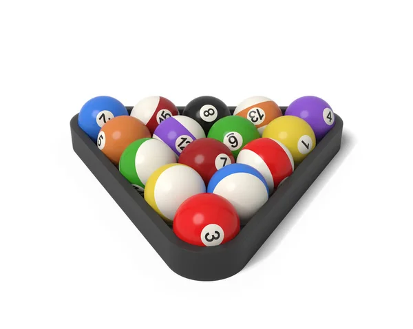 3d rendering of many billiard balls with colorful stripes and numbers inside a rack. — Stock Photo, Image