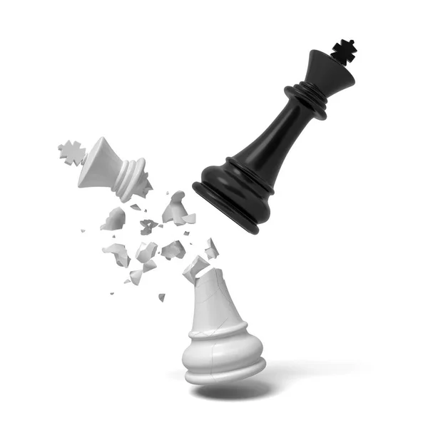 Renderowania 3D króla czarne chess przerwy biały król, który trzaski i spada na białym tle. — Zdjęcie stockowe