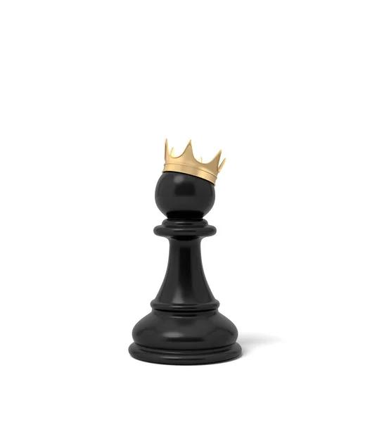 Representación 3d de una pieza de peón de ajedrez negro con una corona de oro sentado en la parte superior de ella . —  Fotos de Stock