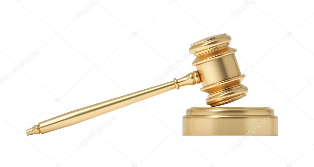 3d rendering of an isolated judge gavel resting on a sound block on a white background.