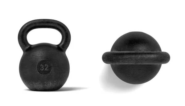 3d rendering of two black metal 32 kg kettlebells, one in front view and one in top view. — Stock Photo, Image