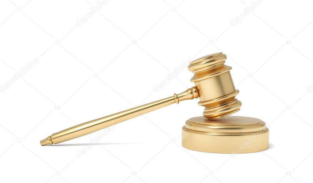 3d rendering of an isolated judge gavel resting on a sound block on a white background.