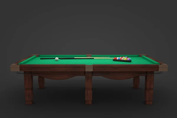 3d візуалізація більярдного столу з двома паличками та стійкою з кульками на його поверхні . — стокове фото