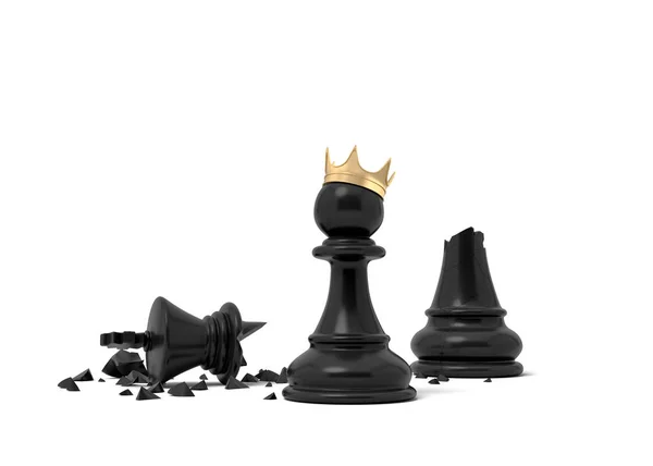 3d rendering of a black chess pawn wearing a gold crown and standing near a broken black king piece. — Stock Photo, Image