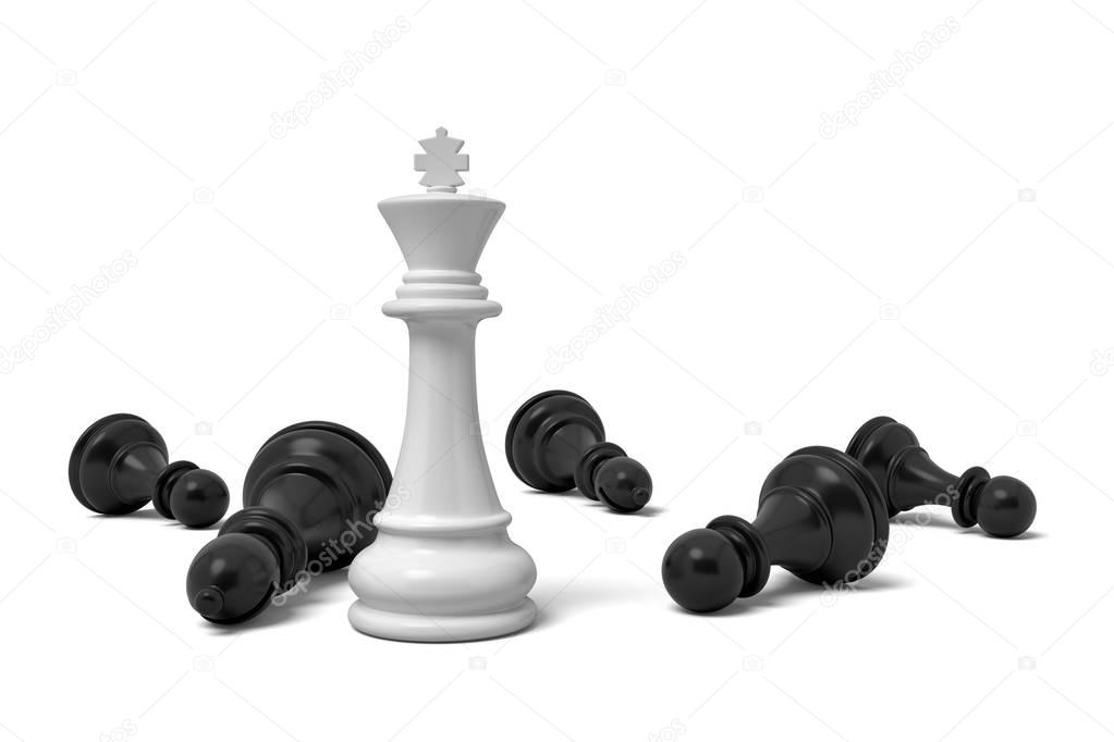 3d rendering of a single standing white chess king piece among many fallen black pawns.