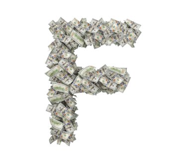 yüz dolar faturaları bir büyük izole büyük harf F 3D render yapılmış.
