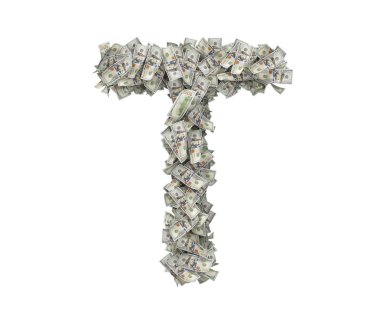 yüz dolar faturaları bir büyük izole büyük harf T 3D render yapılmış.