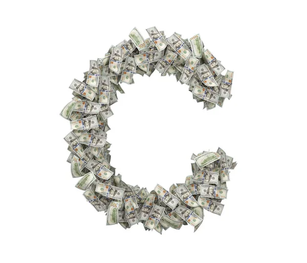 3d suuren C-kirjaimen renderöinti dollarin seteleistä valkoisella pohjalla . — kuvapankkivalokuva