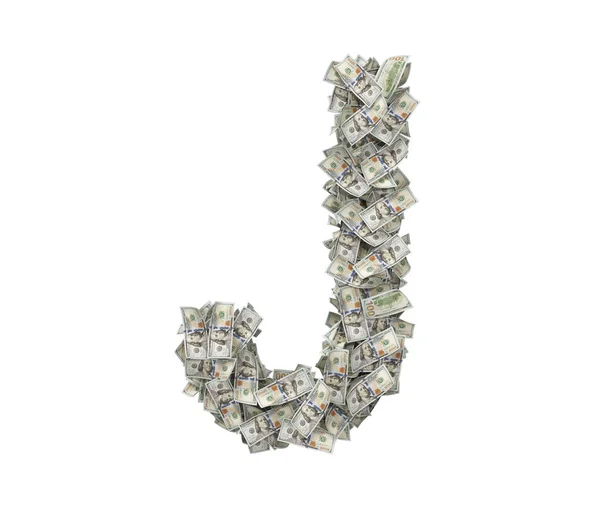 3d representación de una gran letra grande aislada J hecha de billetes de cien dólares . — Foto de Stock