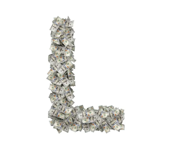 3D-Darstellung eines großen isolierten großen Buchstaben l aus Hundert-Dollar-Scheinen. — Stockfoto