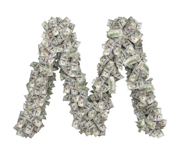 3d representación de una gran letra M aislada hecha de billetes de dólar sobre un fondo blanco . — Foto de Stock