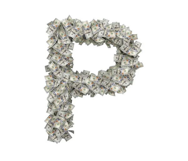 3d representación de una gran letra grande aislada P hecha de billetes de cien dólares . — Foto de Stock
