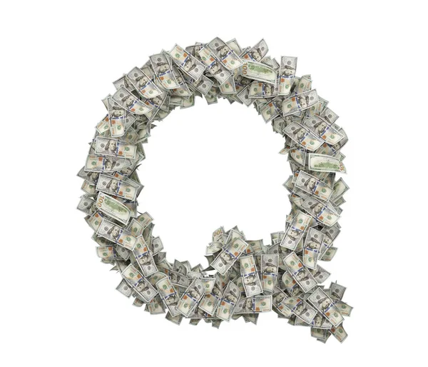 3d representación de una gran letra aislada Q hecha de billetes de dólar sobre un fondo blanco . — Foto de Stock
