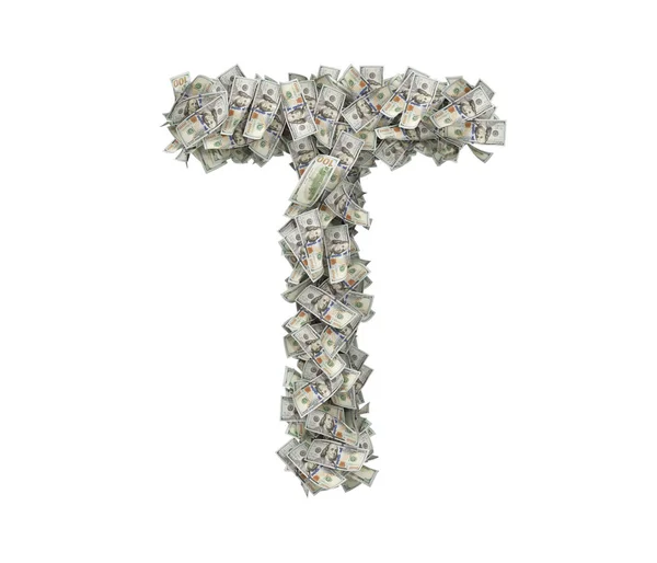 3d representación de una gran letra grande aislada T hecha de billetes de cien dólares . — Foto de Stock