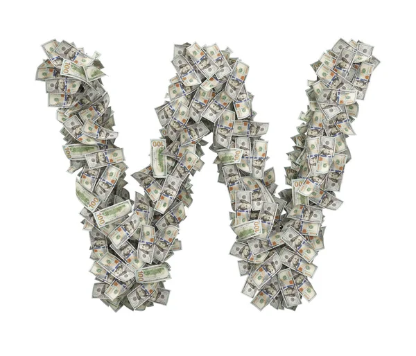 Τρισδιάστατη απεικόνιση του ένα μεγάλο απομονωμένες γράμμα W φτιαγμένο από χαρτονομίσματα του δολαρίου σε λευκό φόντο. — Φωτογραφία Αρχείου
