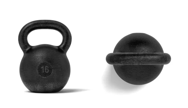 3d rendering of two black metal 16 kg kettlebells, one in front view and one in top view. — Stock Photo, Image