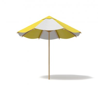Beyaz arka plan üzerinde beyaz ve sarı çizgili bir izole plaj şemsiyesi 3D render.