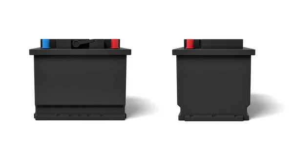 3d rendering of two black car batteries with colorful terminals in front and a side view. — Stock Photo, Image