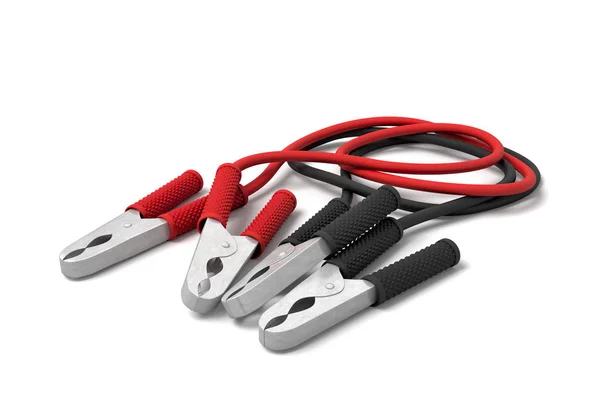 Rendering 3d di due set di morsetti per batteria per auto rossi e neri collegati a un cavo . — Foto Stock