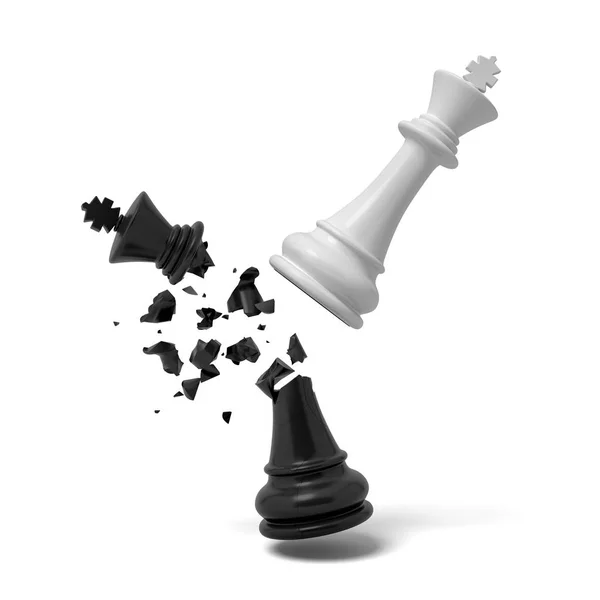 Rendering 3d di un re bianco scacchi rompe un re nero che si rompe e cade su uno sfondo bianco . — Foto Stock