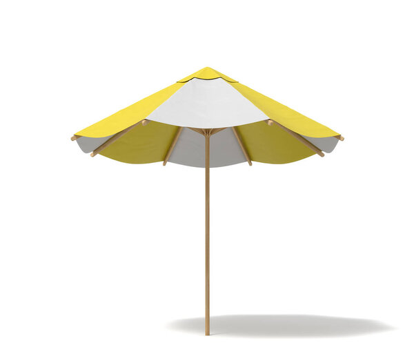 3d rendering of an isolated beach umbrella with white and yellow stripes on white background.