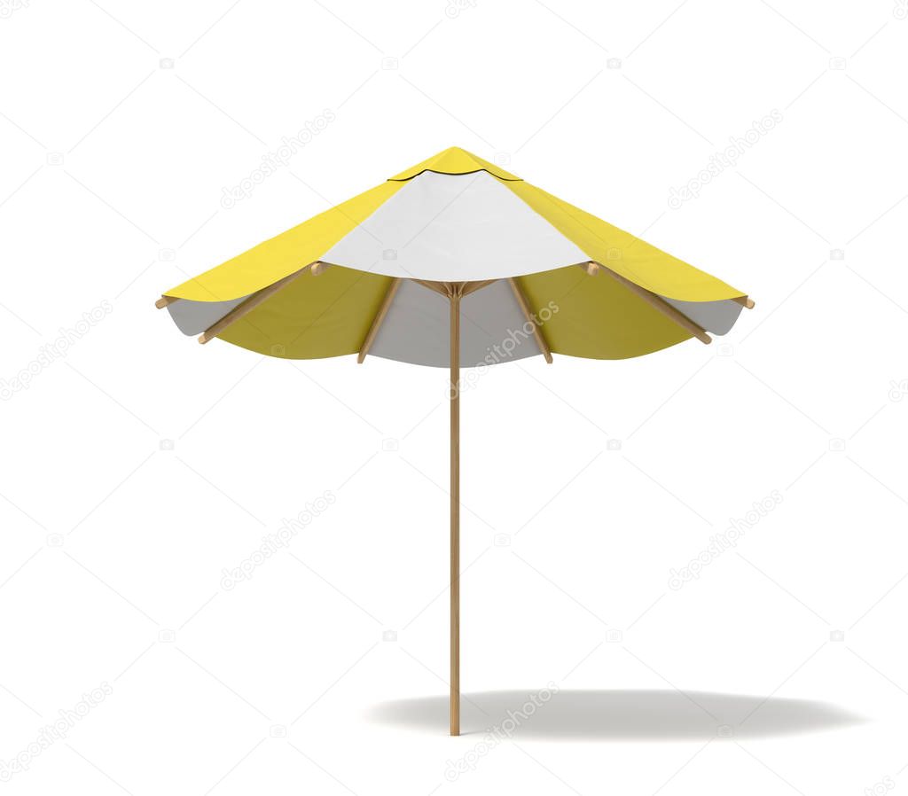 3d rendering of an isolated beach umbrella with white and yellow stripes on white background.