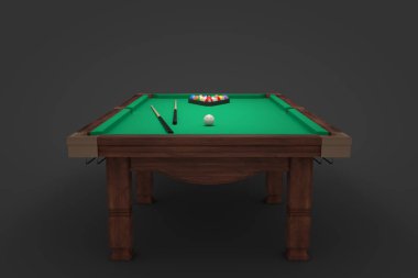 bir bilardo masası iki işaret sopa ve bir raf yüzeyinde topları ile 3D render.