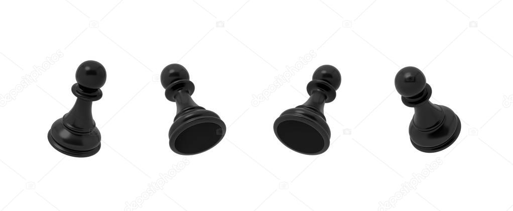 3d rendering of a black chess pawn piece in four different angled views on a white background.