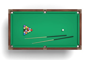 çubukları tam bir set ile en iyi görünümü'nde bir izole Bilardo masası ve yüzeyi hayalarına 3D render.