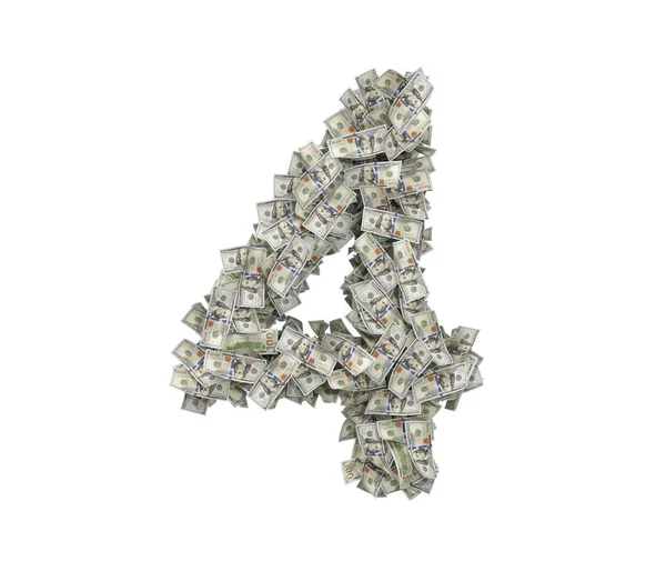3d rendering of a large number 4 made of many USD hundred bills on a white background. — Stock Photo, Image