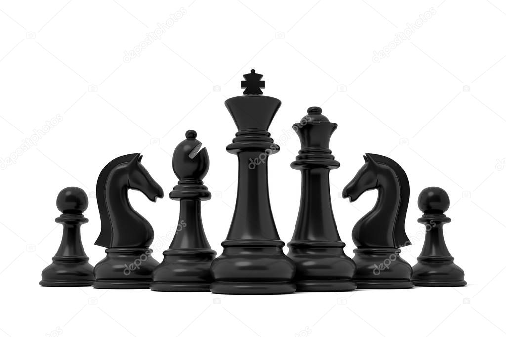 3d rendering of a chess black king stands in the center of other lesser black pieces on a white background.