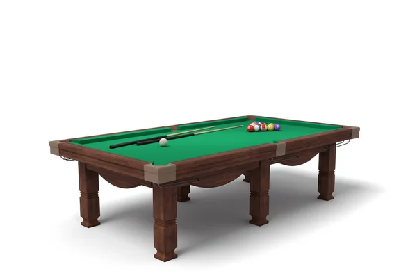 3d rendering of an isolated billiard table with a full set of sticks and balls in its surface. — Stock Photo, Image