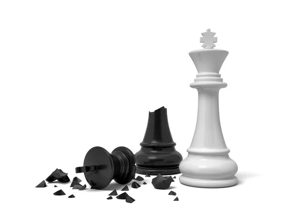 3D renderowania biały Szachowy król stojący w pobliżu czarny król domyślić złamany w połowie. — Zdjęcie stockowe