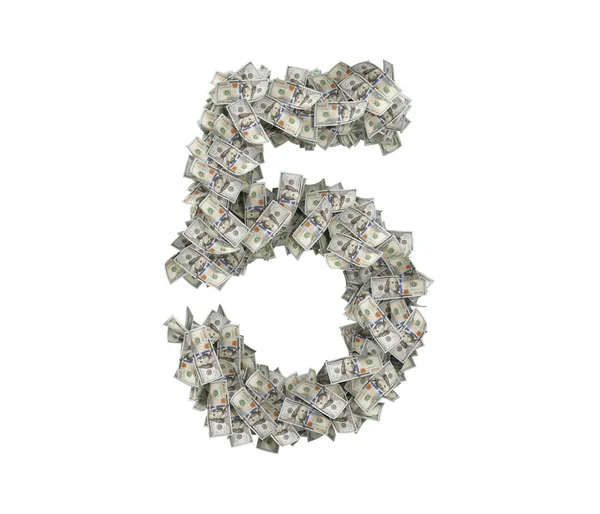 3d rendering of a large number 5 made of countless 100 dollar bills on a white background. — Stock Photo, Image