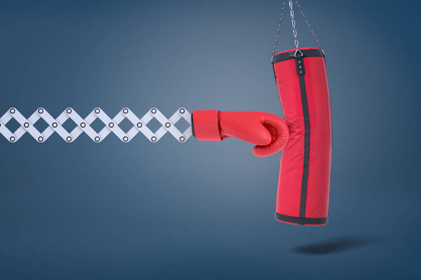 3D рендеринг красной спортивной перчатки на креплении ножниц ударяет боксерскую сумку на темно-синем фоне
.