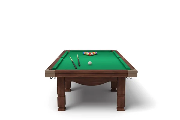 3d rendering of an isolated billiard table with a full set of sticks and balls in its surface. — Stock Photo, Image