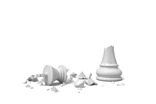 完全に壊れた白いチェス王の 3 d レンダリングは、白い背景の上の瓦礫. — ストック写真