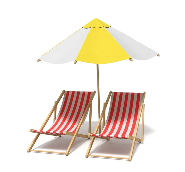 Redare 3D a unei umbrelă de plajă albă și galbenă în picioare deasupra a două scaune de punte . — Fotografie, imagine de stoc