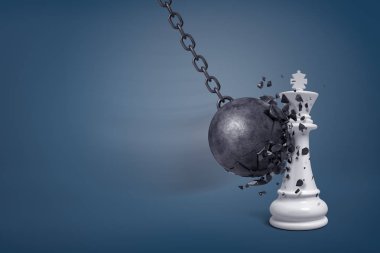 bir beyaz satranç Kral çarptığında küçük parçalar halinde büyük bir yıkım topu 3d render tatili.