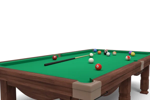 Rendering 3d di un tavolo da biliardo isolato in vista laterale con un set completo di bastoni e palline nella sua superficie . — Foto Stock